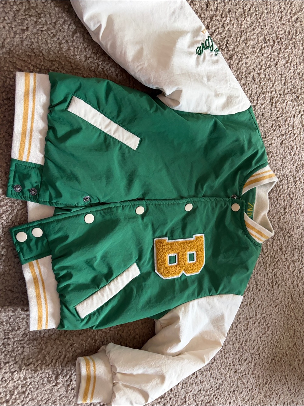 B54 Zara 5y Green & White Varsity Letterman Jacket with Yellow “B” Patch